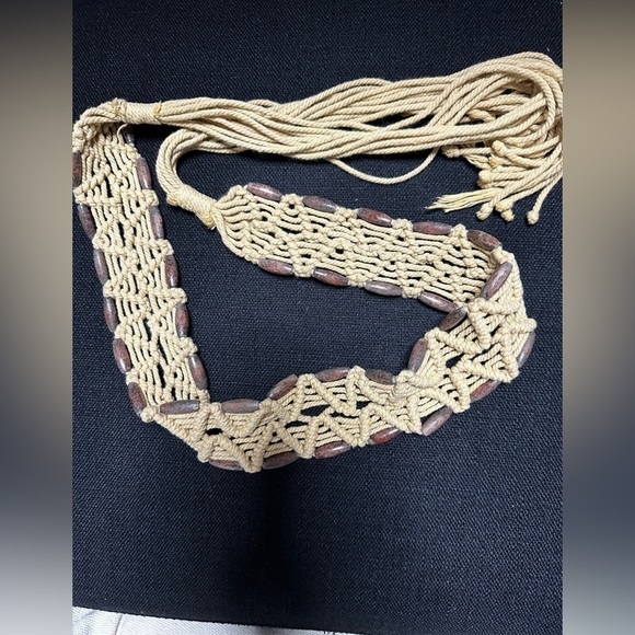 Boho Macrame Rope Belt Weaved Wooded Bead Detail Fringe Hippie 36-38 L/XL Beige - Picture 6 of 11